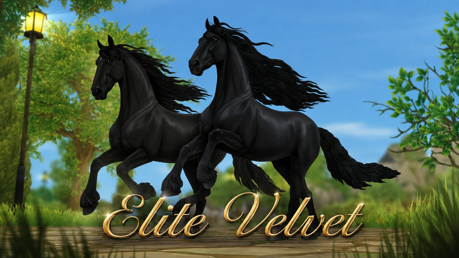 Zwei schwarze Friesen im Trab auf einem Kopfsteinpflasterweg auf Jorvik, darüber der Schriftzug Elite Velvet